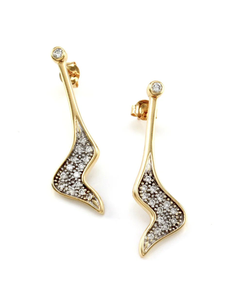 Pave Diamond Wave Drop Earrings in 14K Yellow Gold - Image 2