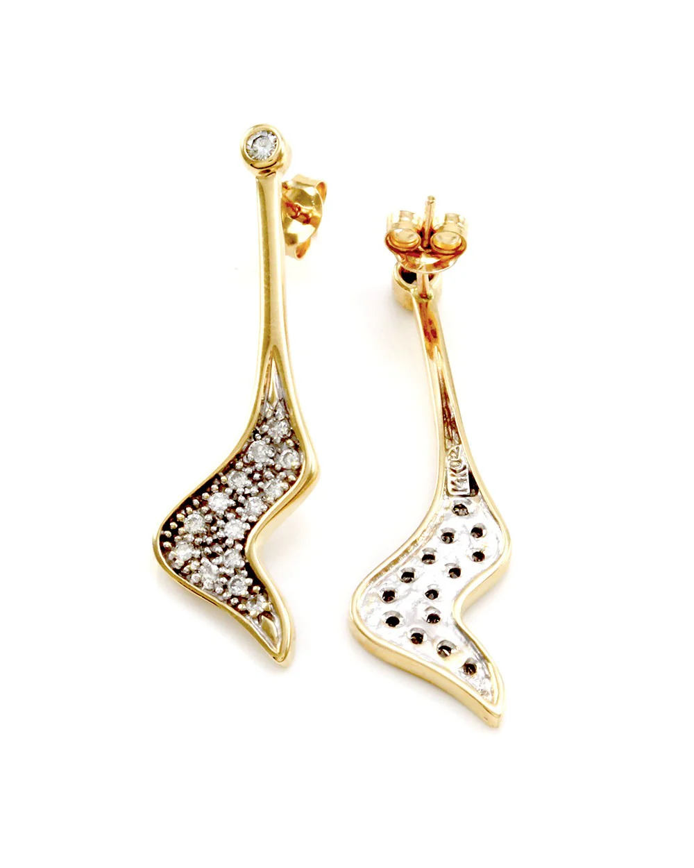 Pave Diamond Wave Drop Earrings in 14K Yellow Gold - Image 3