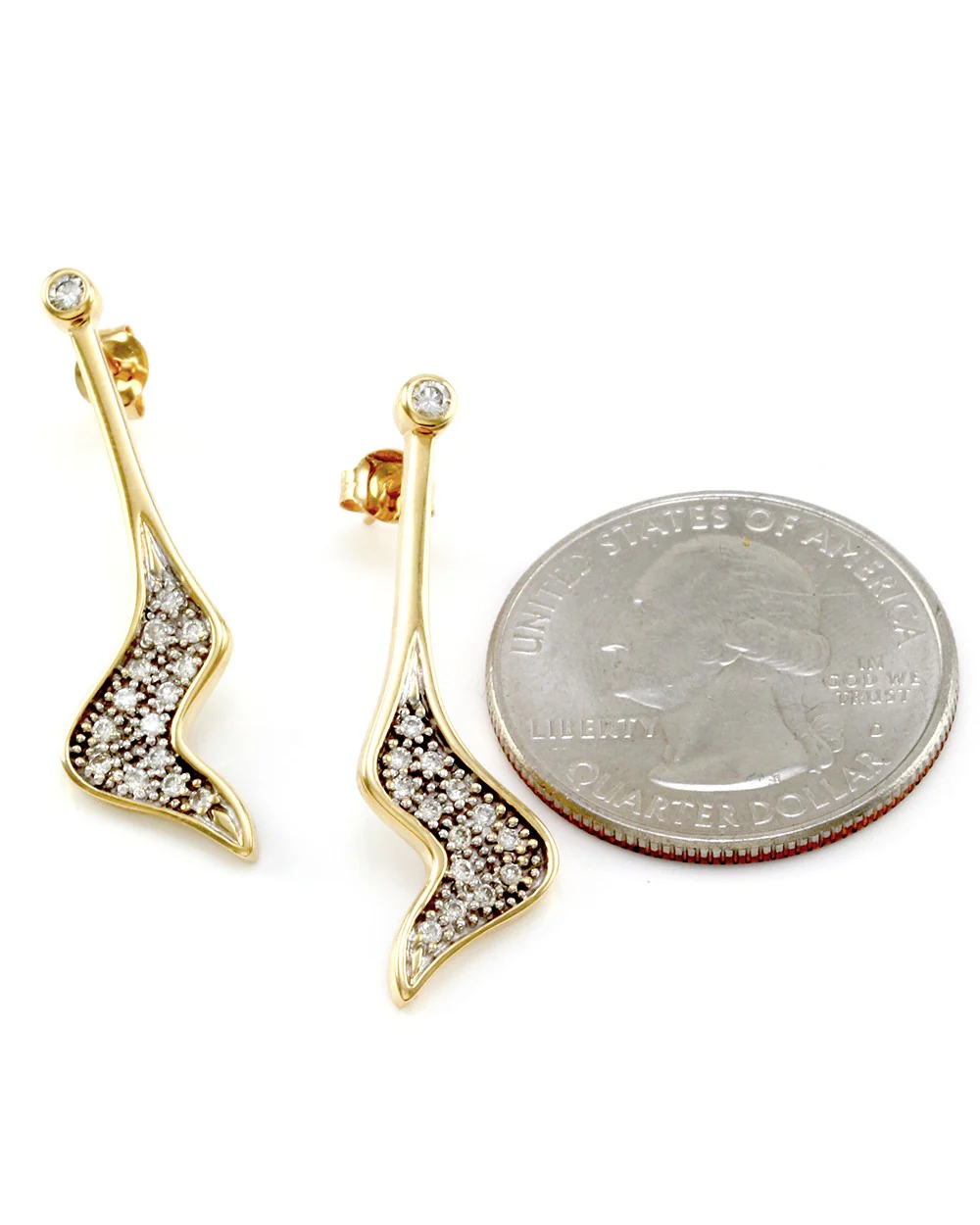 Pave Diamond Wave Drop Earrings in 14K Yellow Gold - Image 5