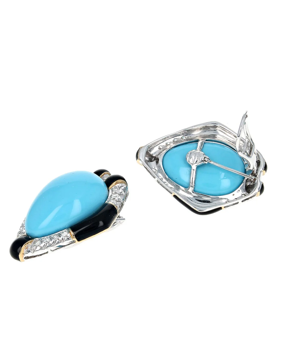 Pear Cut Turquoise, Diamond and Black Enamel Earrings - Image 2