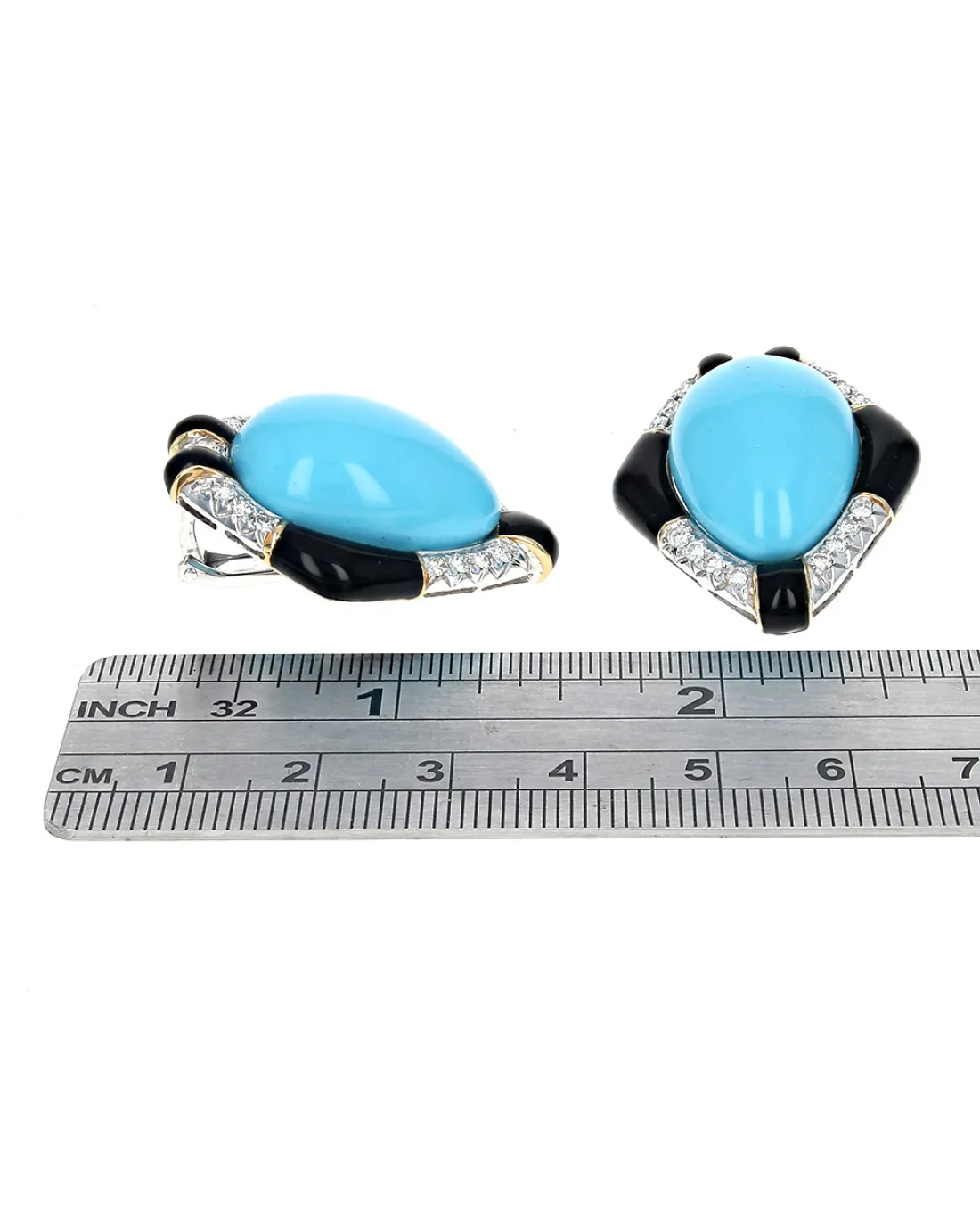 Pear Cut Turquoise, Diamond and Black Enamel Earrings - Image 3