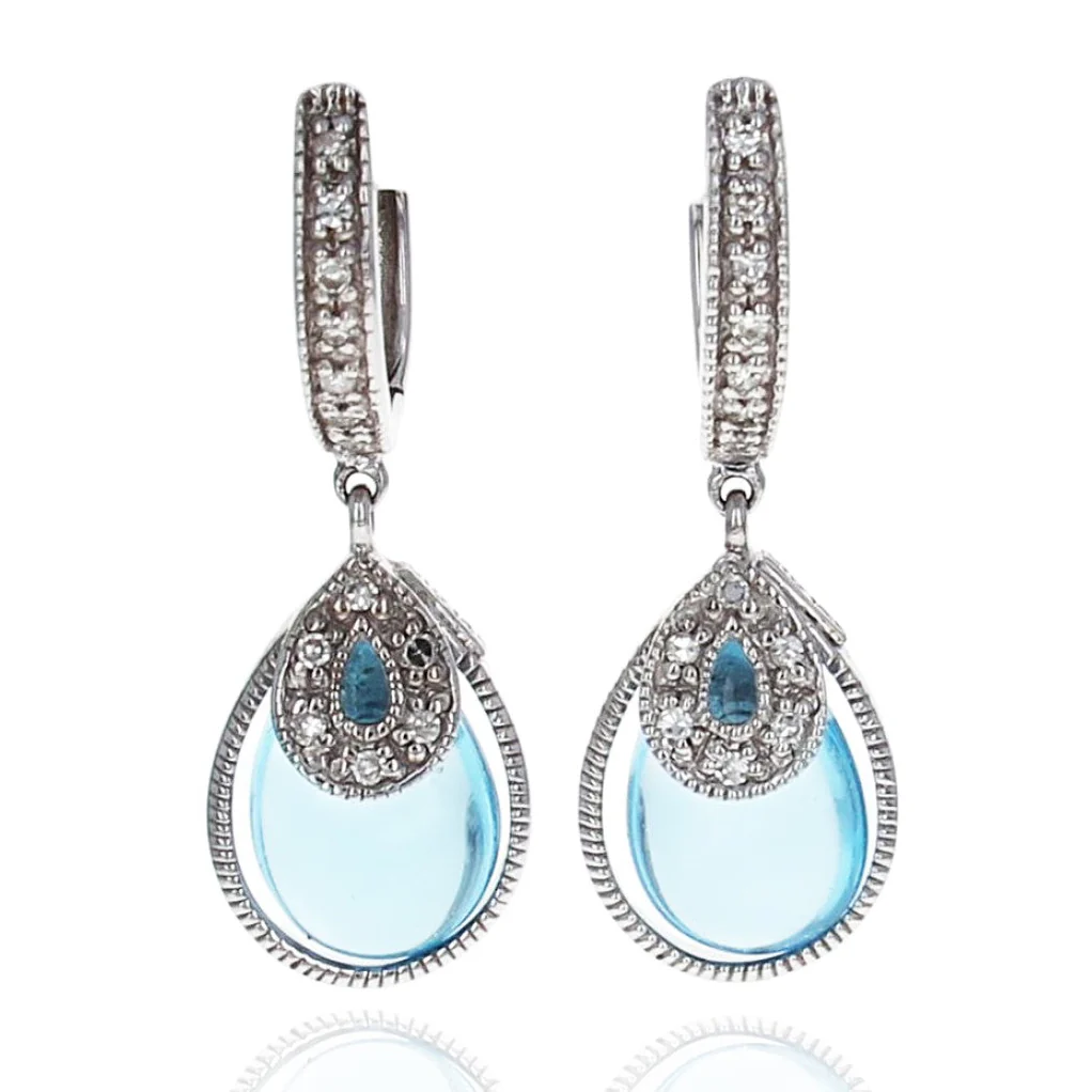 Pear Shaped Blue Topaz Cabochon and Diamond Drop Earrings