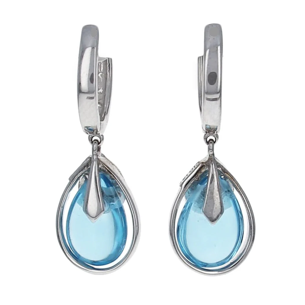 Pear Shaped Blue Topaz Cabochon and Diamond Drop Earrings - Image 2