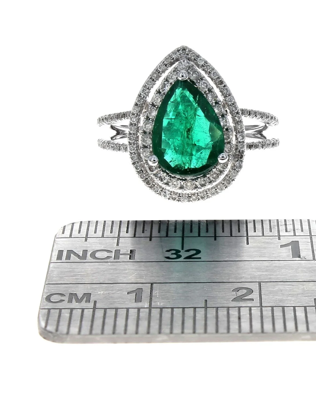 Pear Shaped Emerald and Diamond Double Halo Ring - Image 3