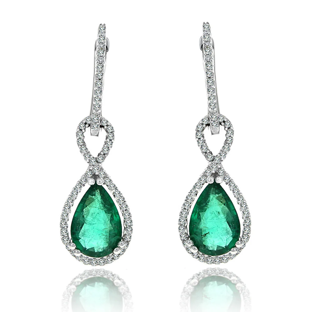 Pear Shaped Emerald and Diamond Halo Drop Earrings