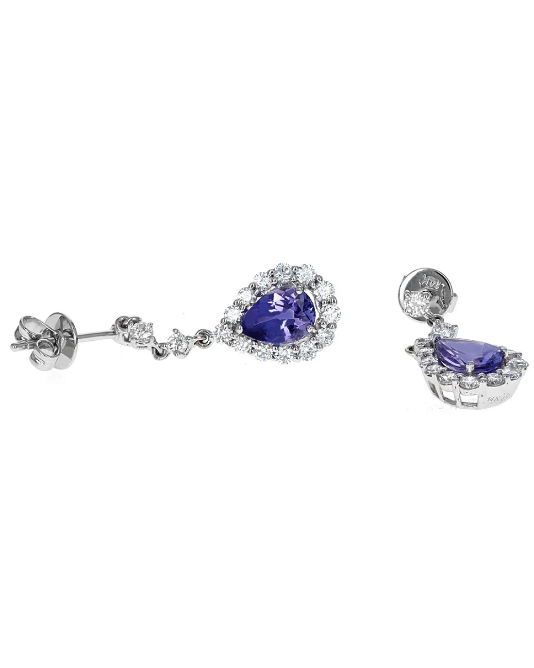 Pear Shaped Tanzanite and Diamond Halo Dangle Earrings - Image 2