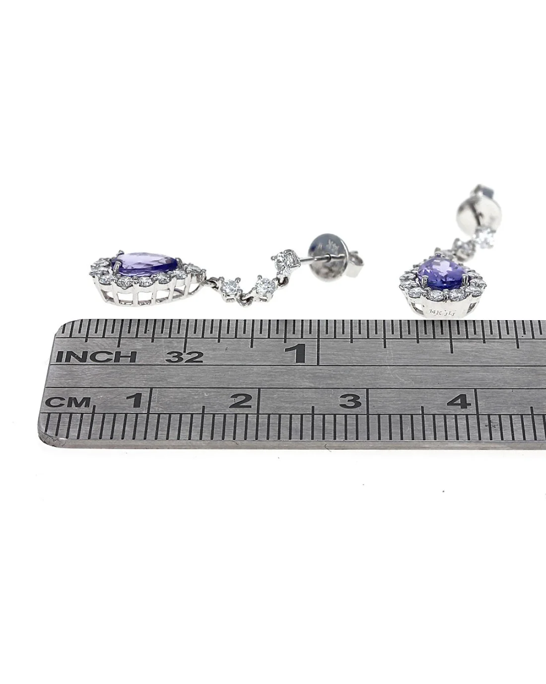 Pear Shaped Tanzanite and Diamond Halo Dangle Earrings - Image 3