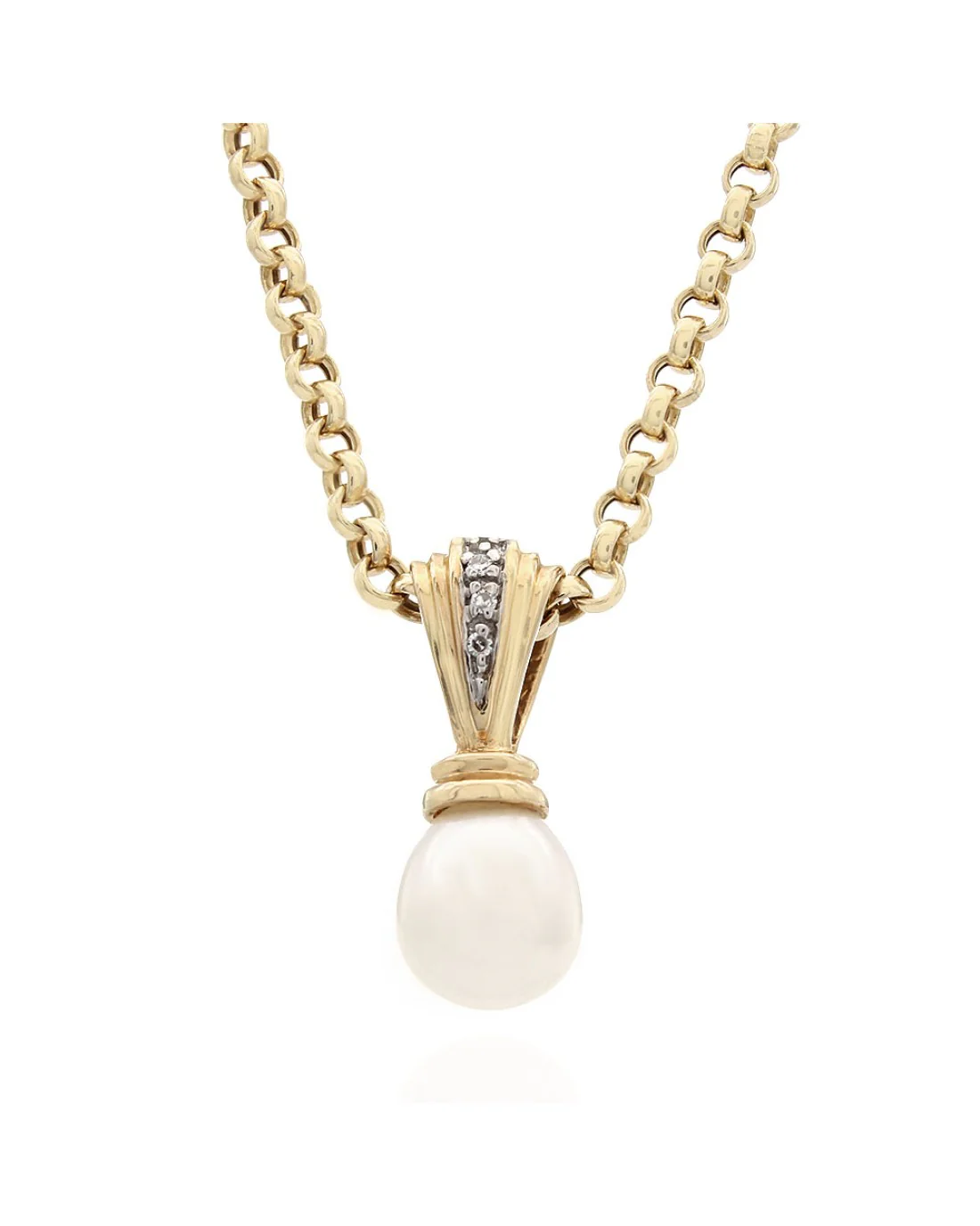 Pearl and Diamond Accent Drop on Rolo Chain Necklace
