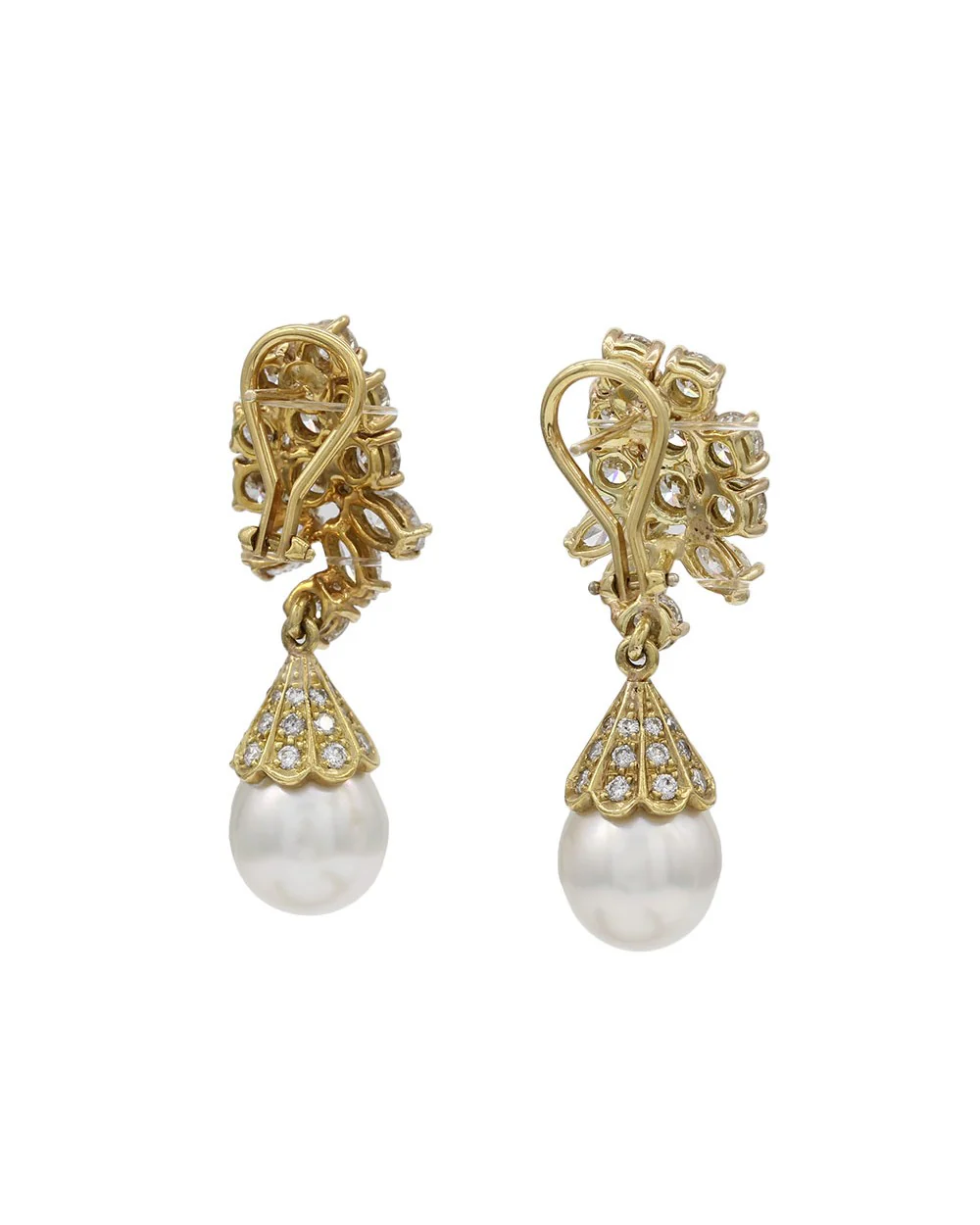 Pearl and Diamond Cluster Earrings in Gold - Image 2