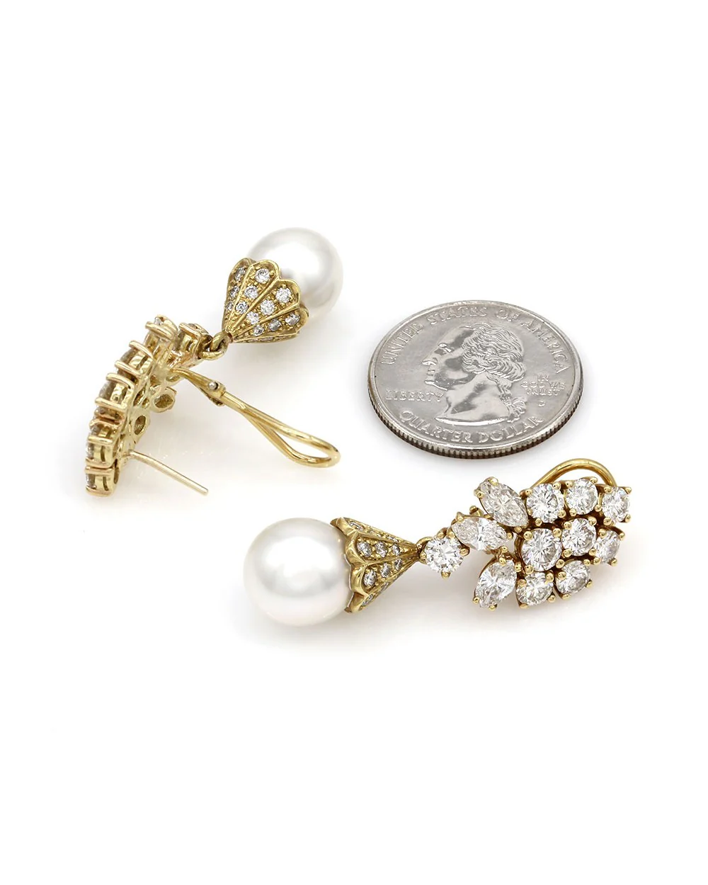 Pearl and Diamond Cluster Earrings in Gold - Image 3