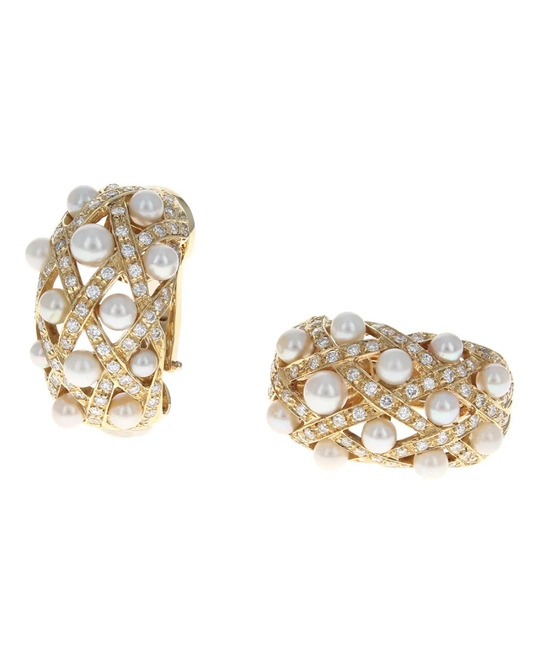 Pearl and Diamond Criss Cross Curved Earrings - Image 2