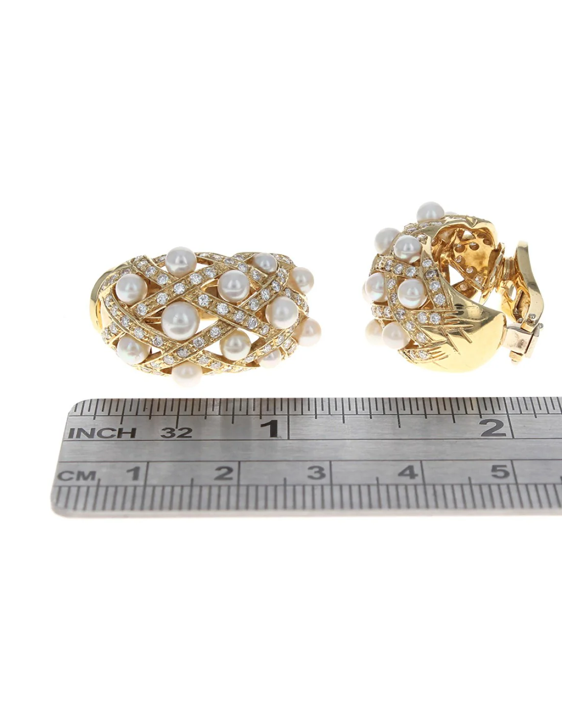 Pearl and Diamond Criss Cross Curved Earrings - Image 3