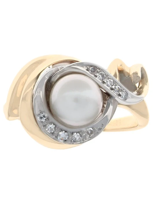 Pearl and Diamond Crossover Ring in White and Yellow Gold - Image 2