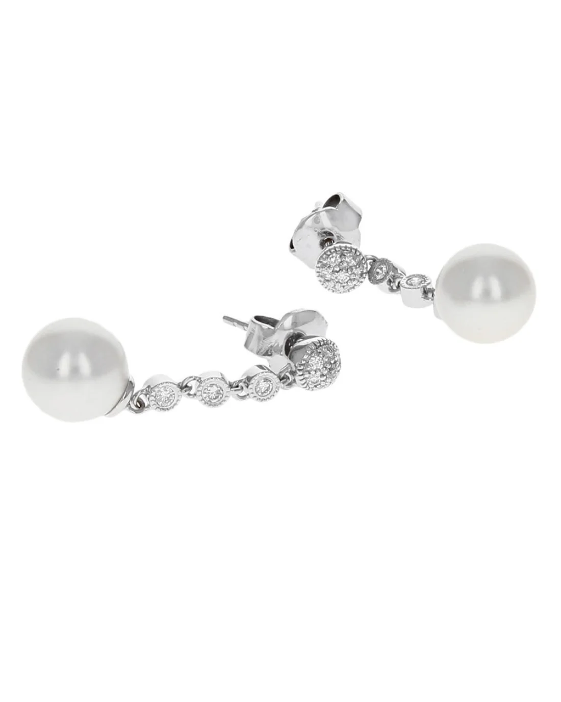Pearl and Diamond Station Dangle Earrings in White Gold - Image 2