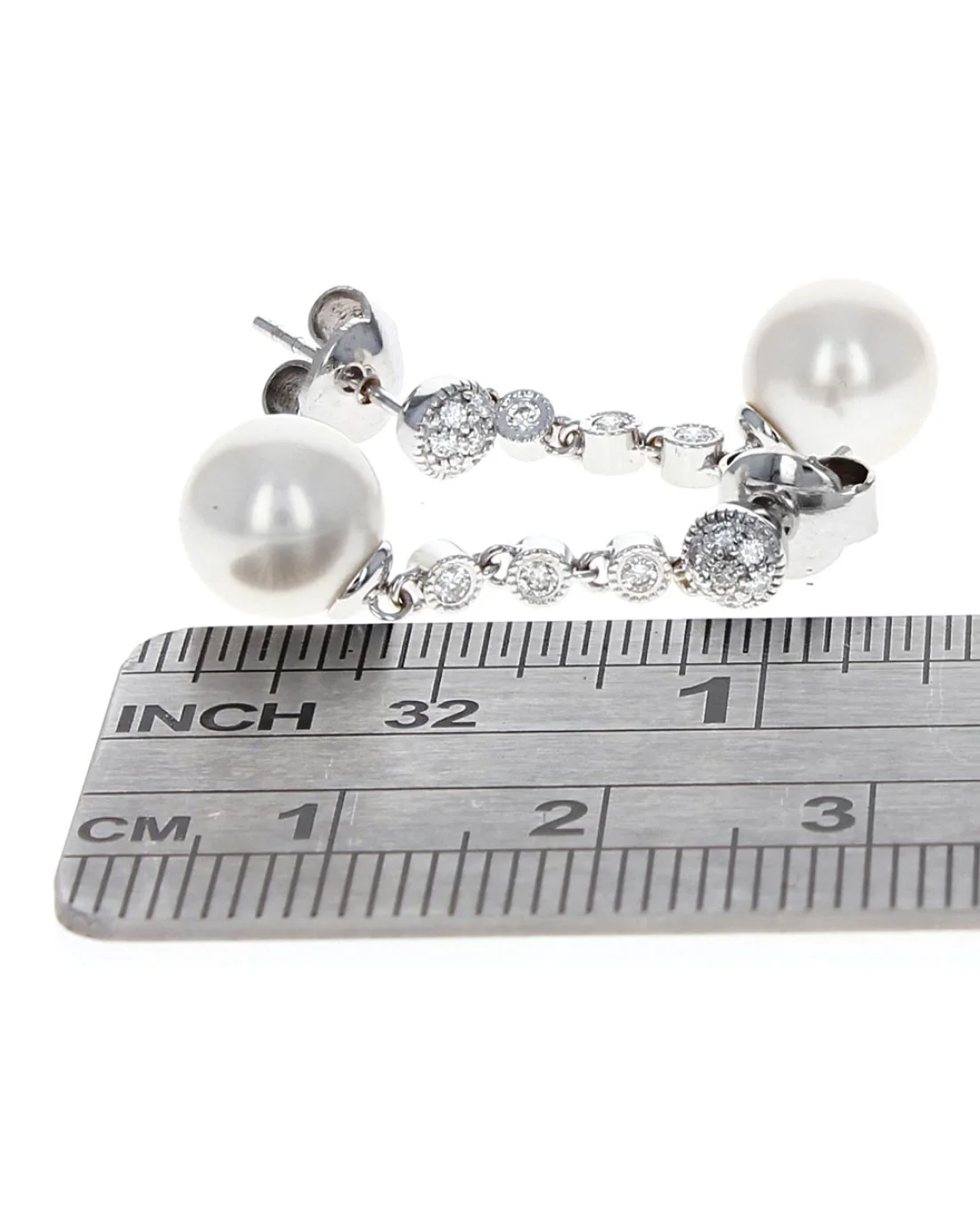 Pearl and Diamond Station Dangle Earrings in White Gold - Image 3