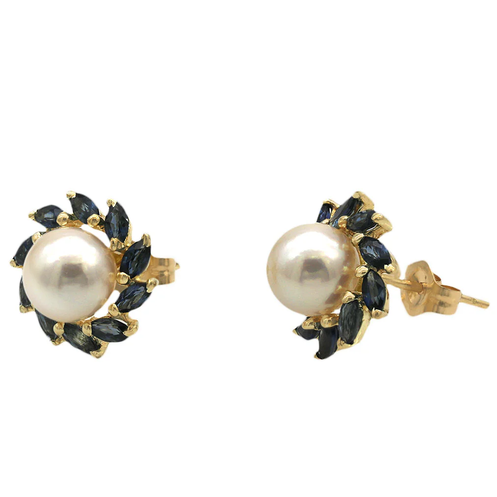 Pearl and Sapphire Halo Stud Earrings in Yellow Gold - Image 2