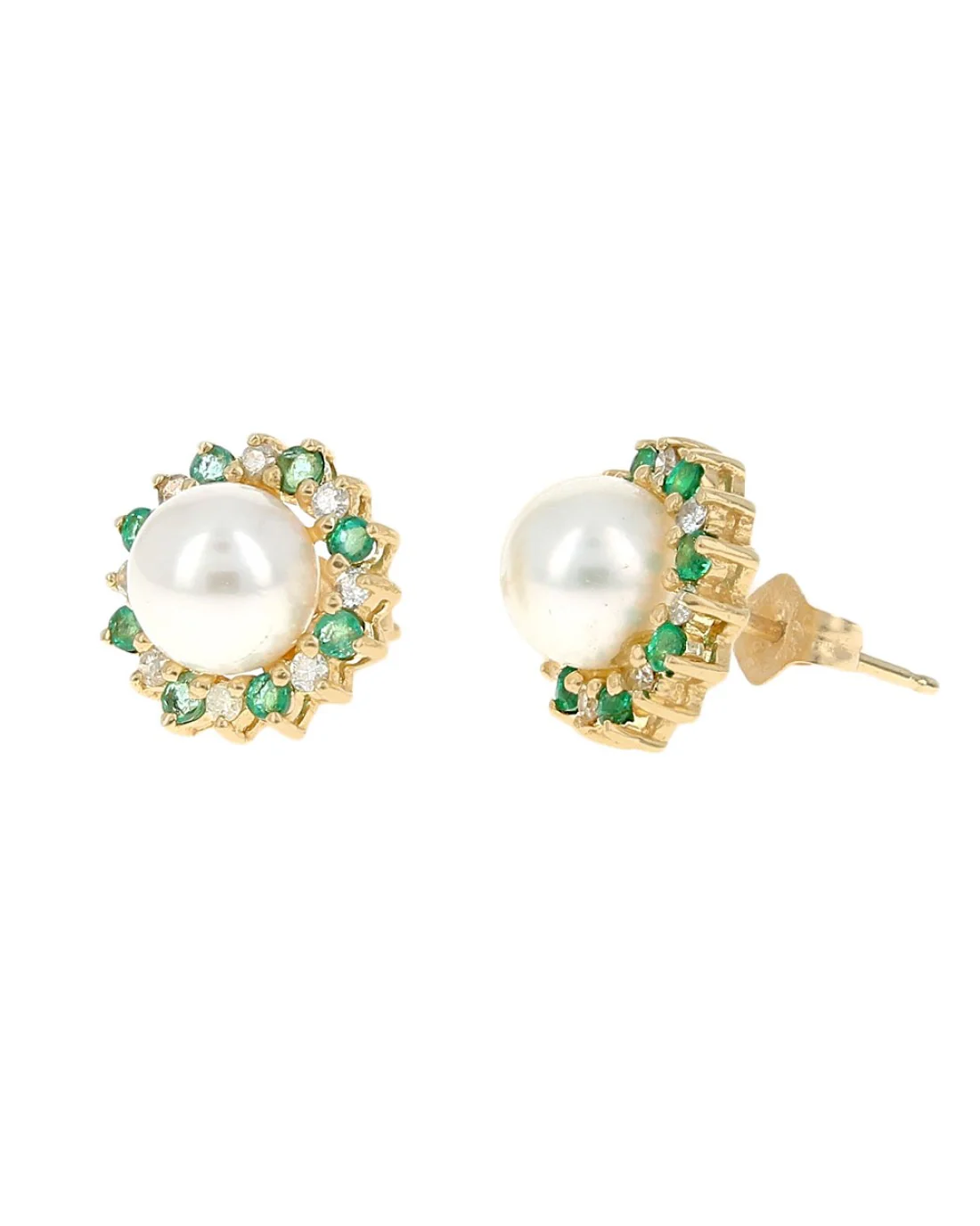 Pearl, Emerald, and Diamond Halo Stud Earrings in Yellow Gold - Image 2