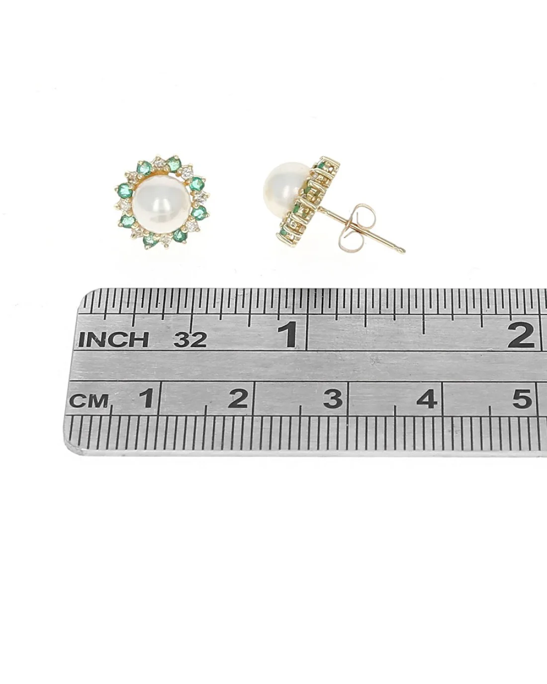 Pearl, Emerald, and Diamond Halo Stud Earrings in Yellow Gold - Image 3
