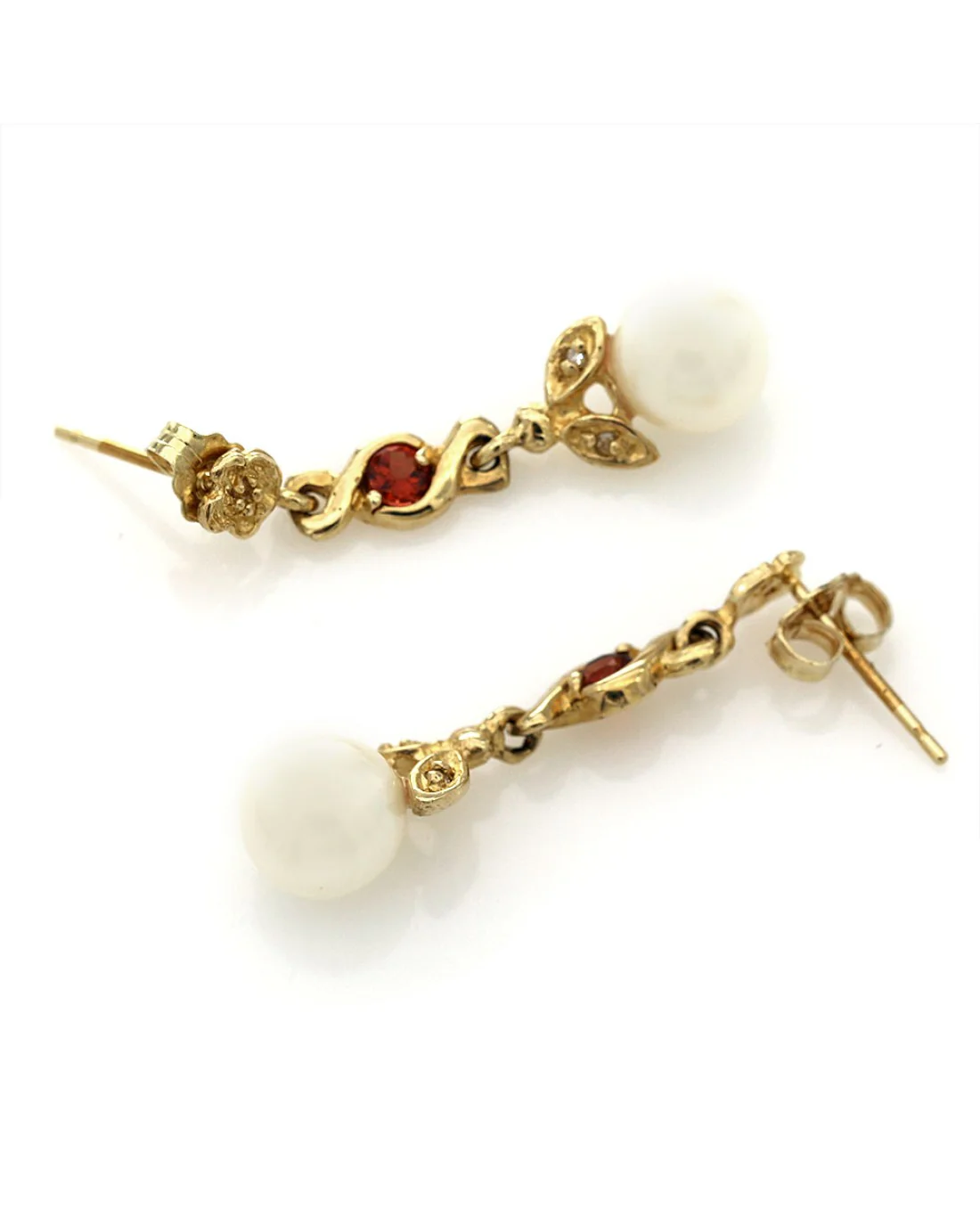 Pearl, Garnet, and Diamond Dangle Earrings in Yellow Gold - Image 2