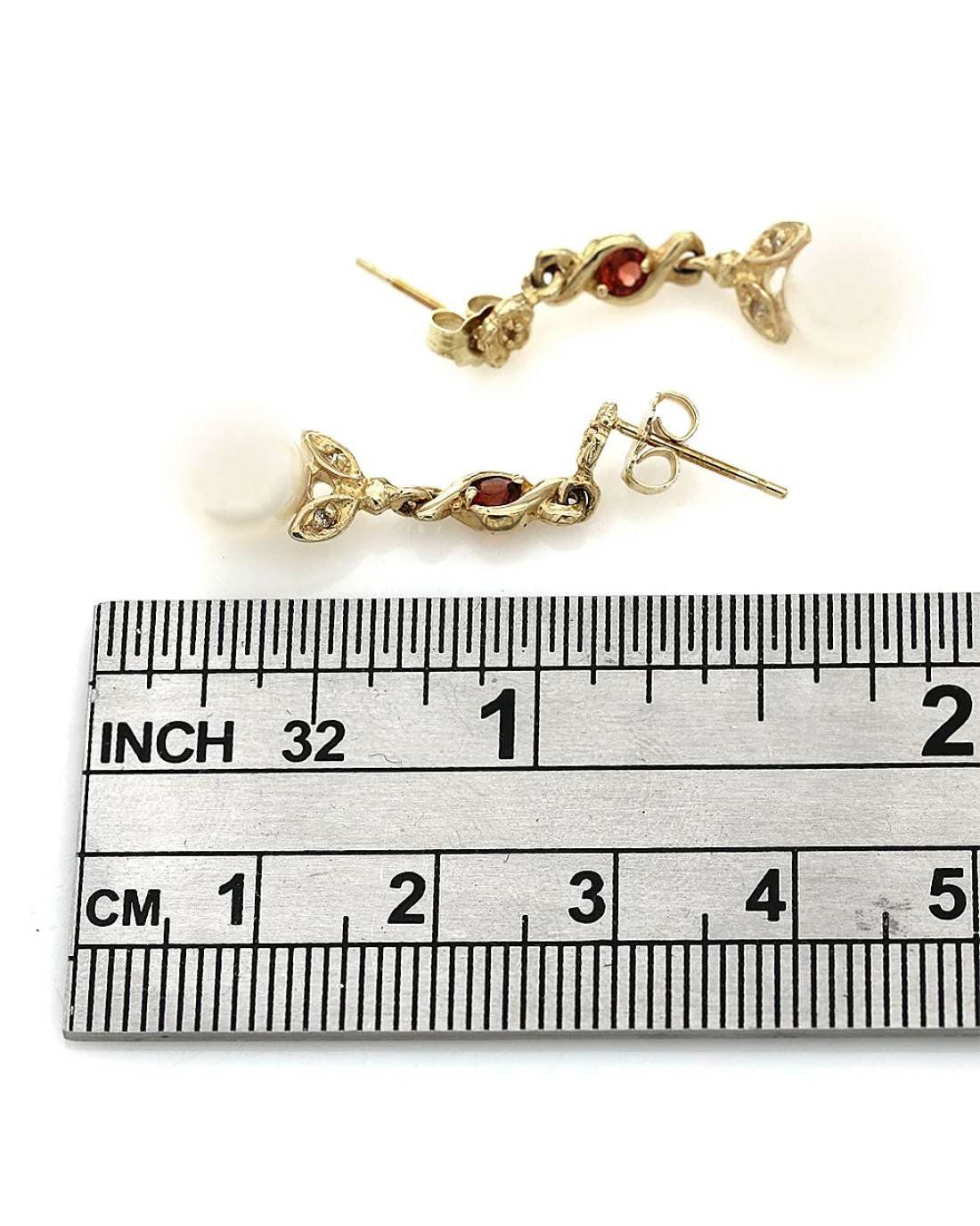 Pearl, Garnet, and Diamond Dangle Earrings in Yellow Gold - Image 3