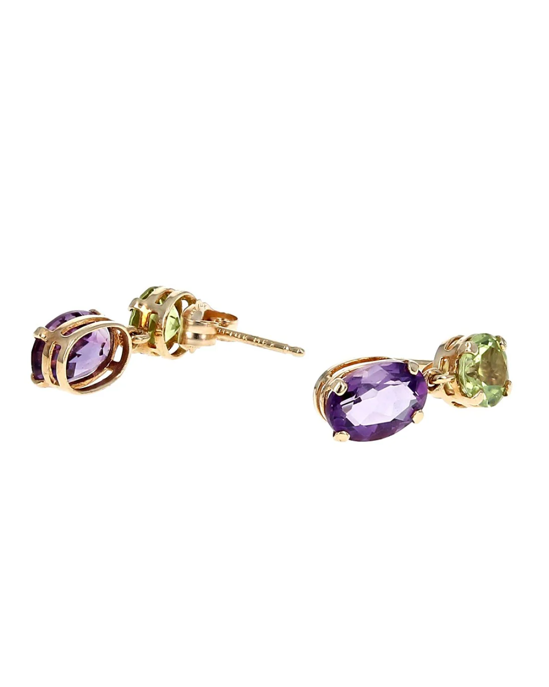 Peridot and Amethyst Drop Earrings in Yellow Gold - Image 2
