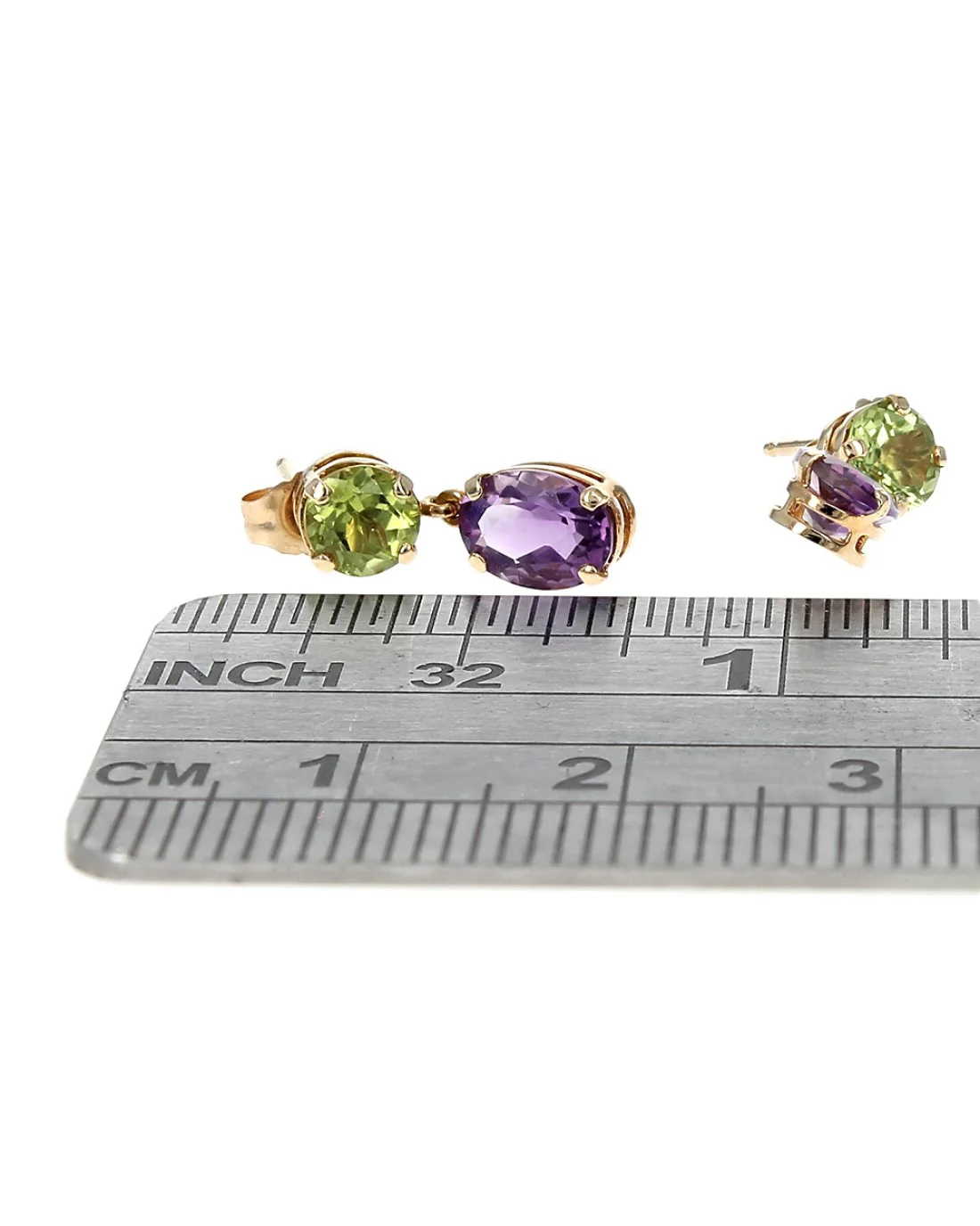 Peridot and Amethyst Drop Earrings in Yellow Gold - Image 3