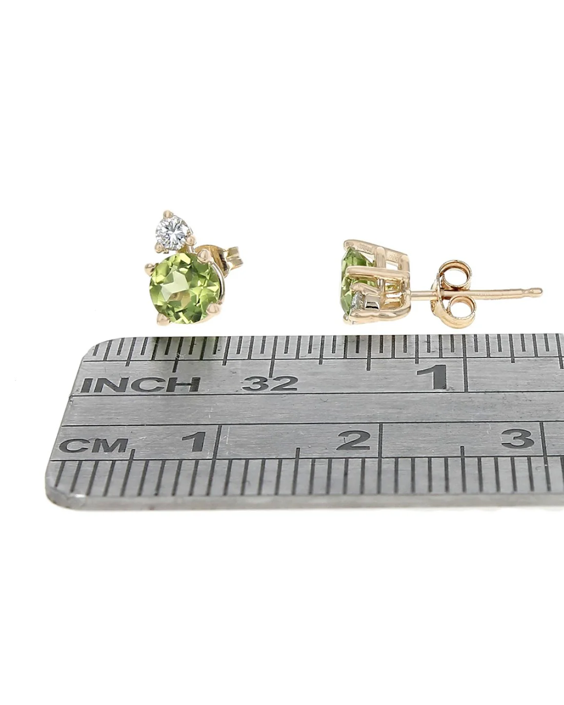 Peridot and Diamond Accent Stud Earrings in Yellow Gold - Image 2