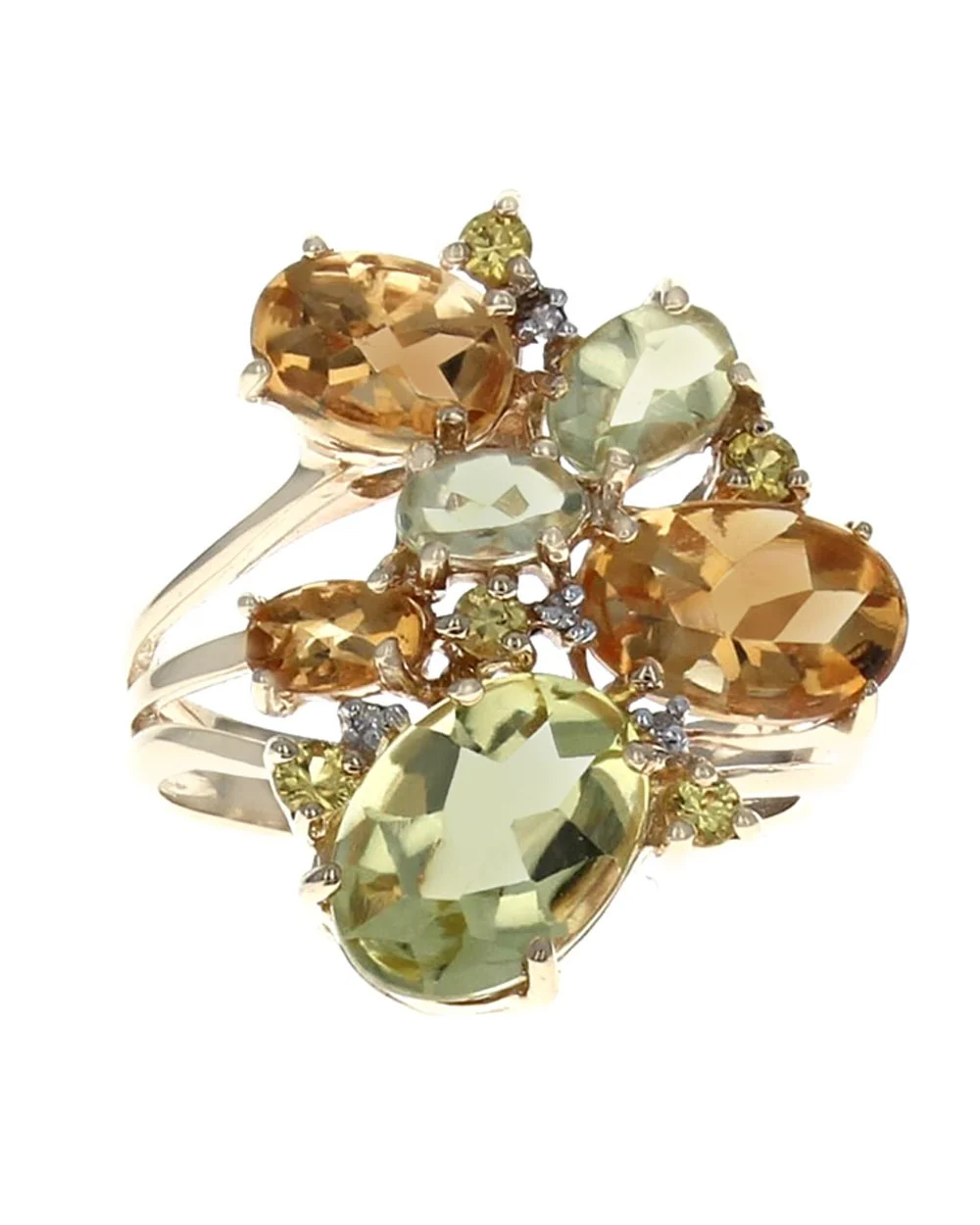 Peridot, Citrine and Diamond Cluster Split Shank Ring - Image 2