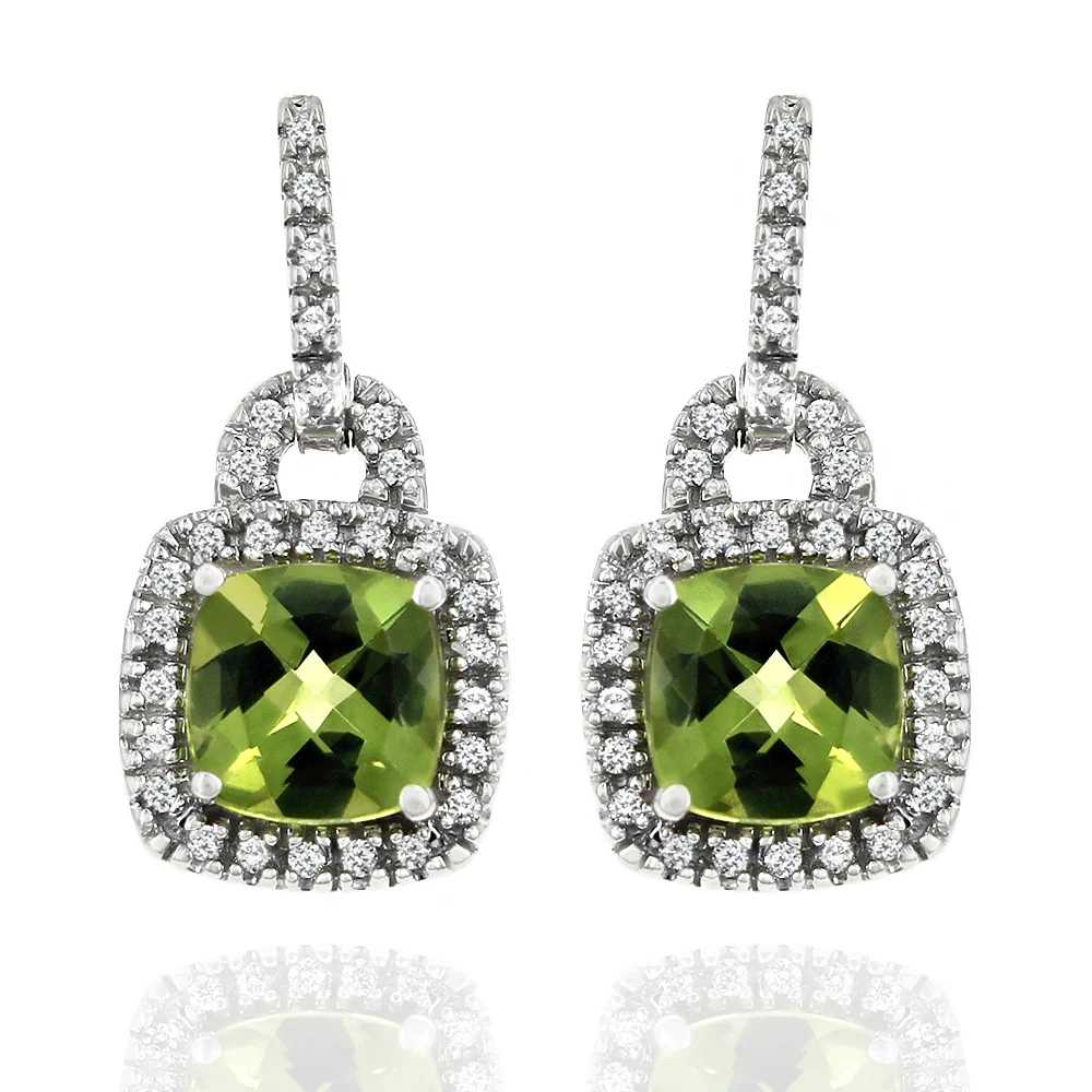 Peridot Cushion Diamond Halo Drop Earrings