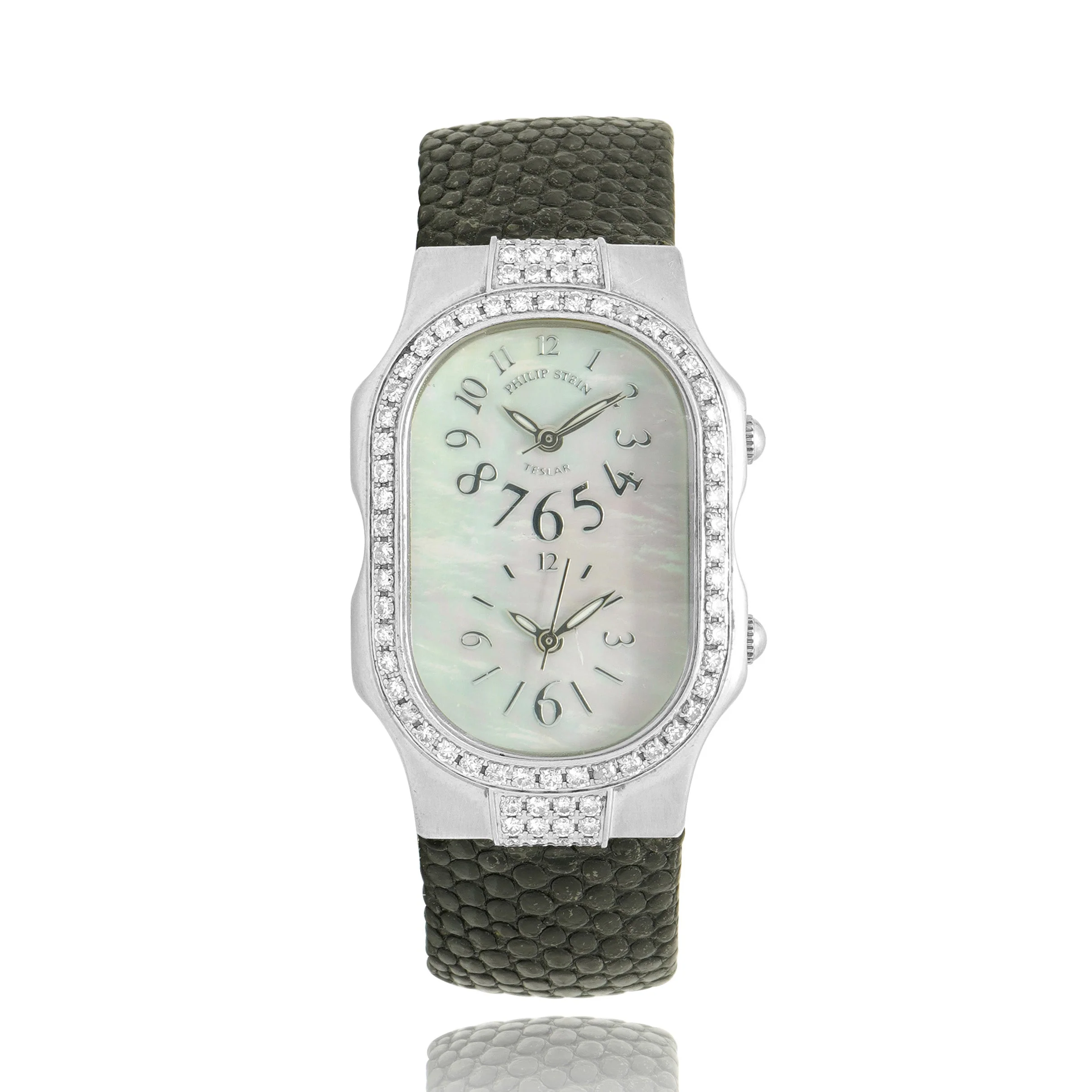 Philip Stein Dual Time Teslar MOP Dial Diamond Bezel