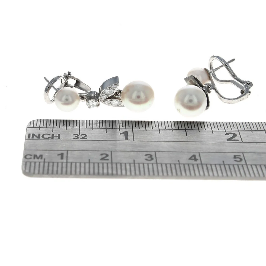 14K White Gold Pink Rose Pearl and Diamond Foliate Drop Earrings - Image 3