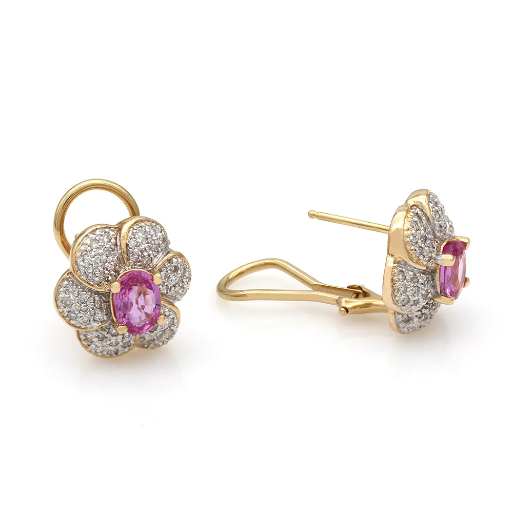 Pink Sapphire and Diamond Pave Flower Earrings - Image 2
