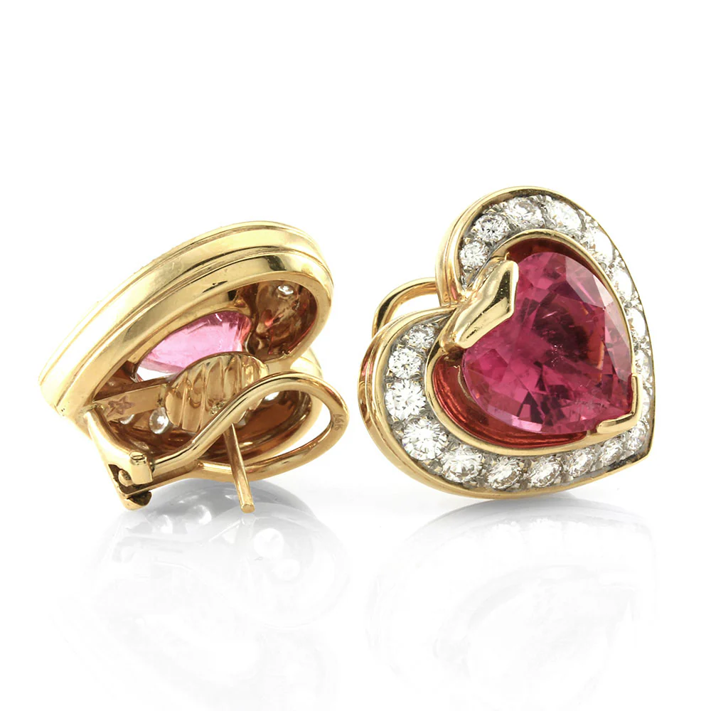 Pink Tourmaline Hearts and Diamond Halo Earrings in Gold - Image 2