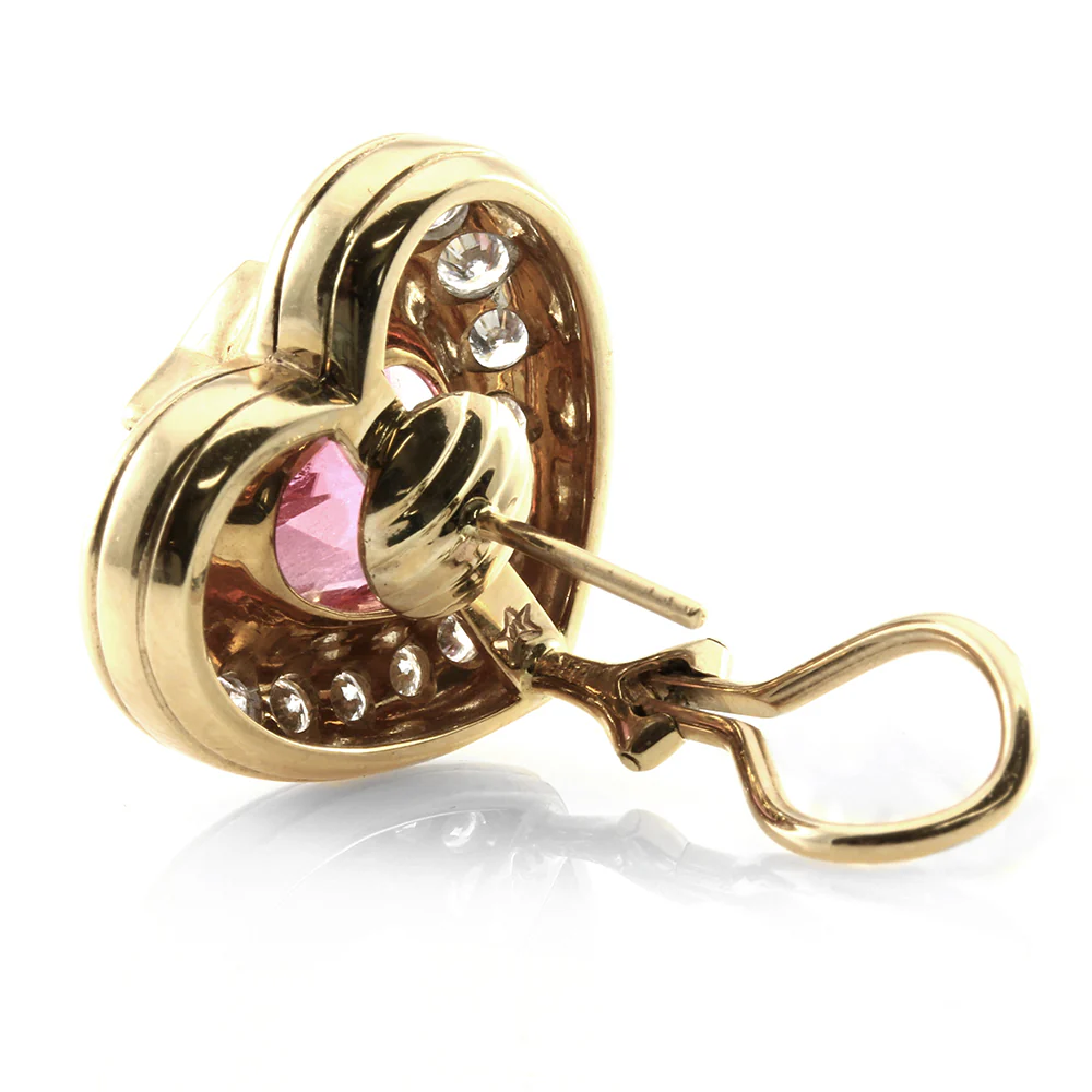 Pink Tourmaline Hearts and Diamond Halo Earrings in Gold - Image 3