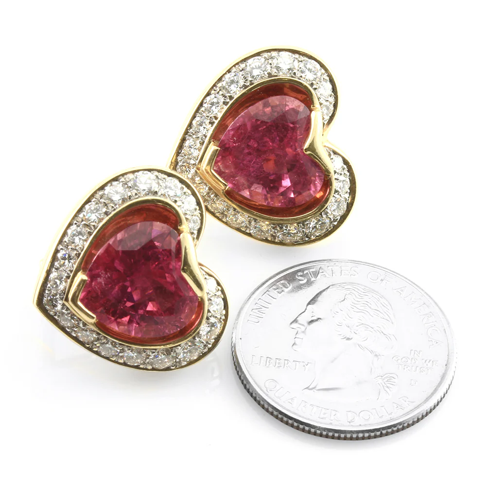 Pink Tourmaline Hearts and Diamond Halo Earrings in Gold - Image 4