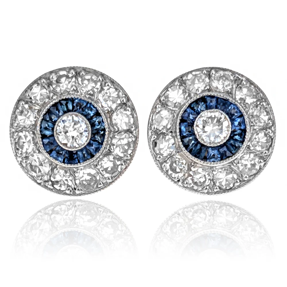 Platinum & 14K Yellow Gold Blue Sapphire and Diamond Double Halo Stud Earrings