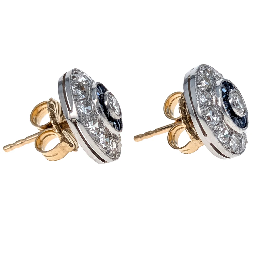 Platinum & 14K Yellow Gold Blue Sapphire and Diamond Double Halo Stud Earrings - Image 2