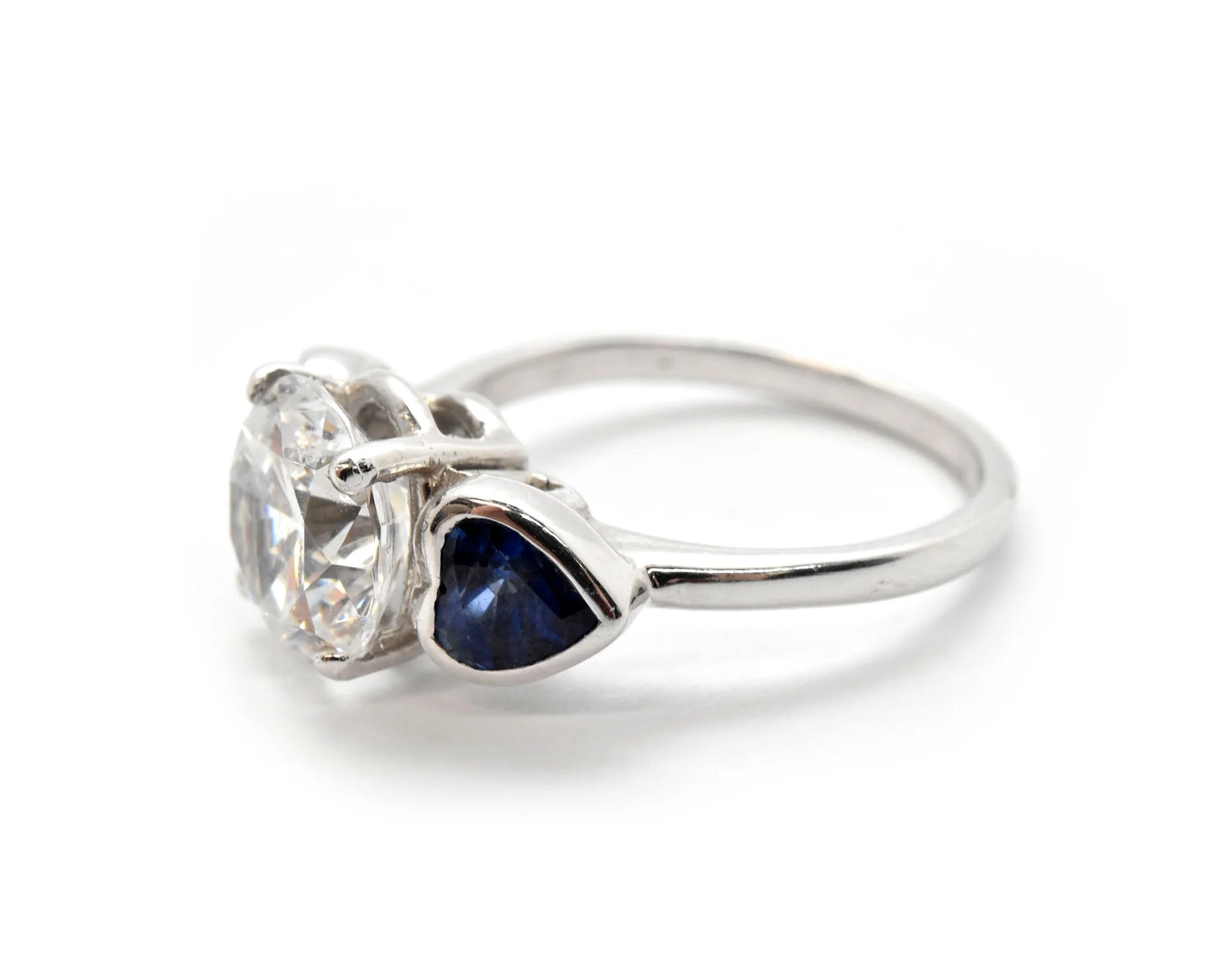 Platinum/18k White Gold, CZ And Heart-Cut Sapphire 3-Stone Ring - Image 2