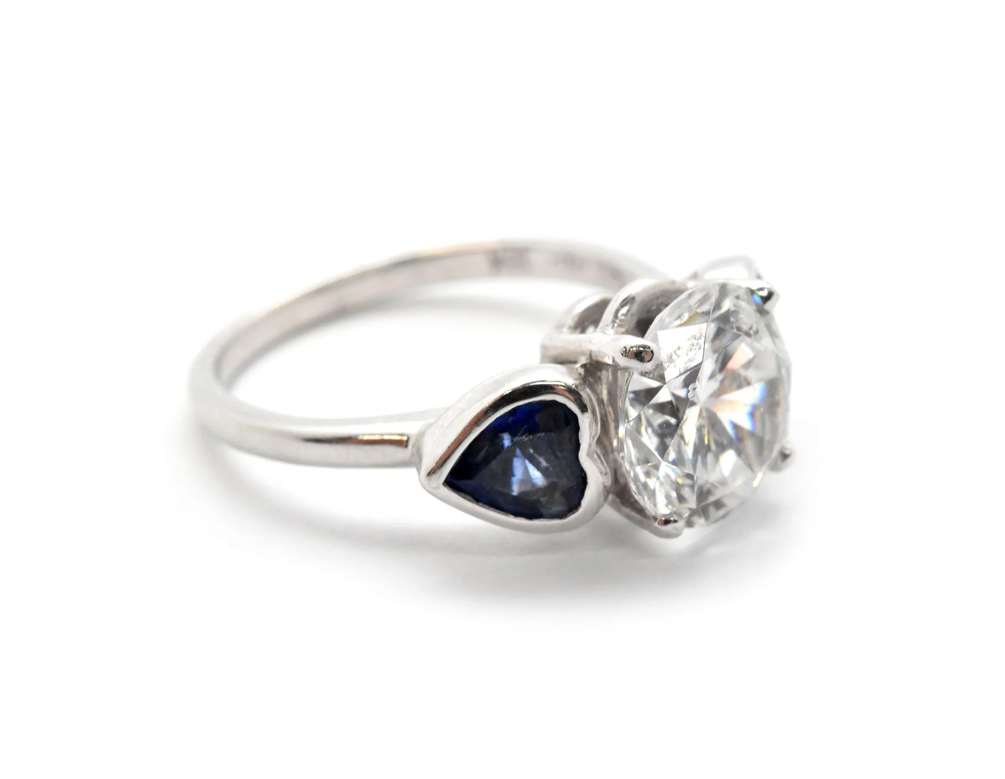 Platinum/18k White Gold, CZ And Heart-Cut Sapphire 3-Stone Ring - Image 3