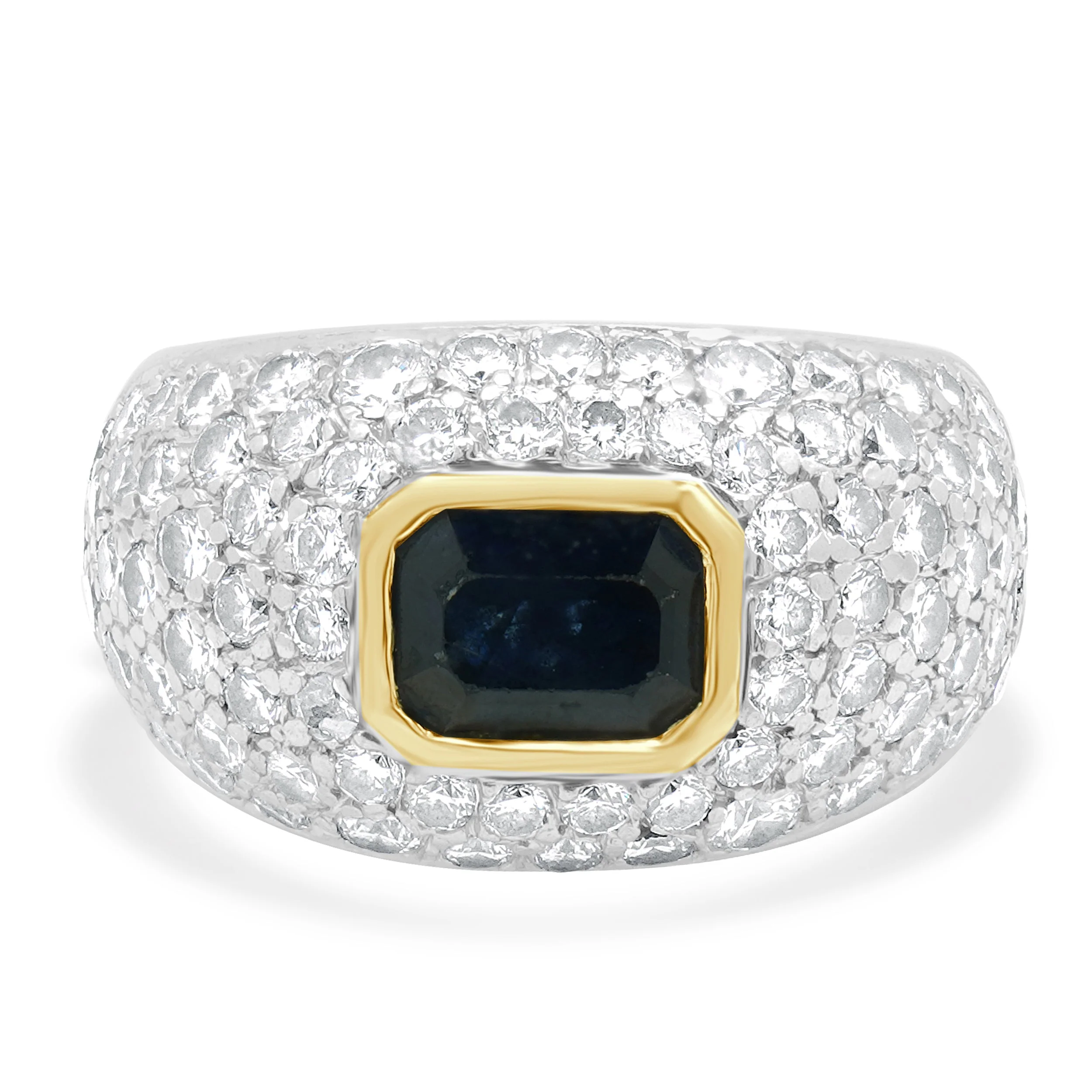 Platinum and 18 Karat Yellow Gold Emerald Cut Sapphire and Pave Diamond Ring