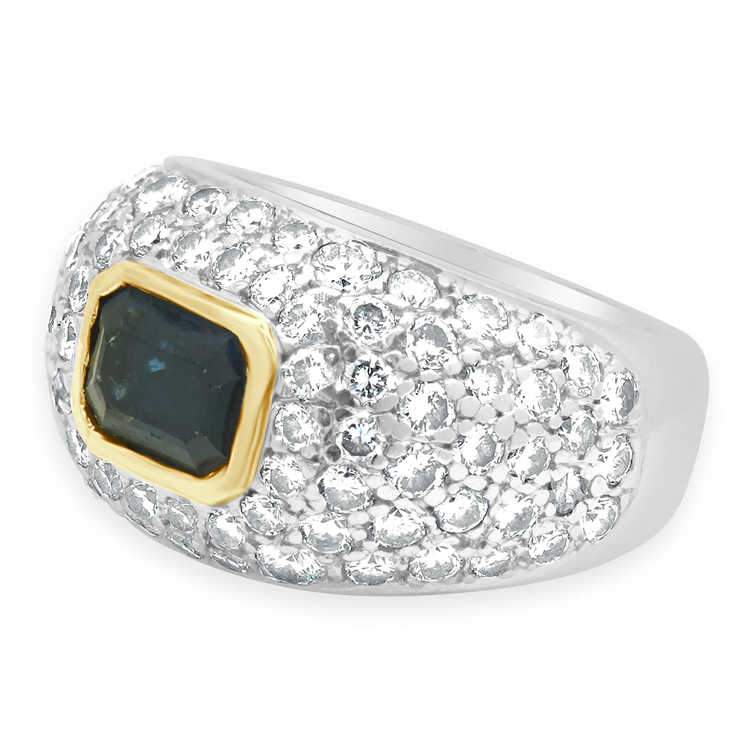 Platinum and 18 Karat Yellow Gold Emerald Cut Sapphire and Pave Diamond Ring - Image 2