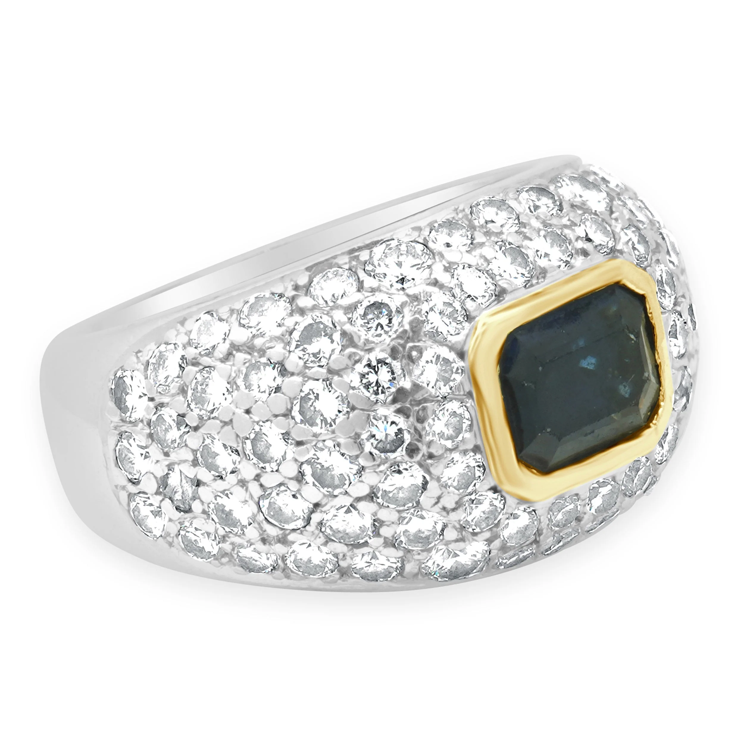 Platinum and 18 Karat Yellow Gold Emerald Cut Sapphire and Pave Diamond Ring - Image 3