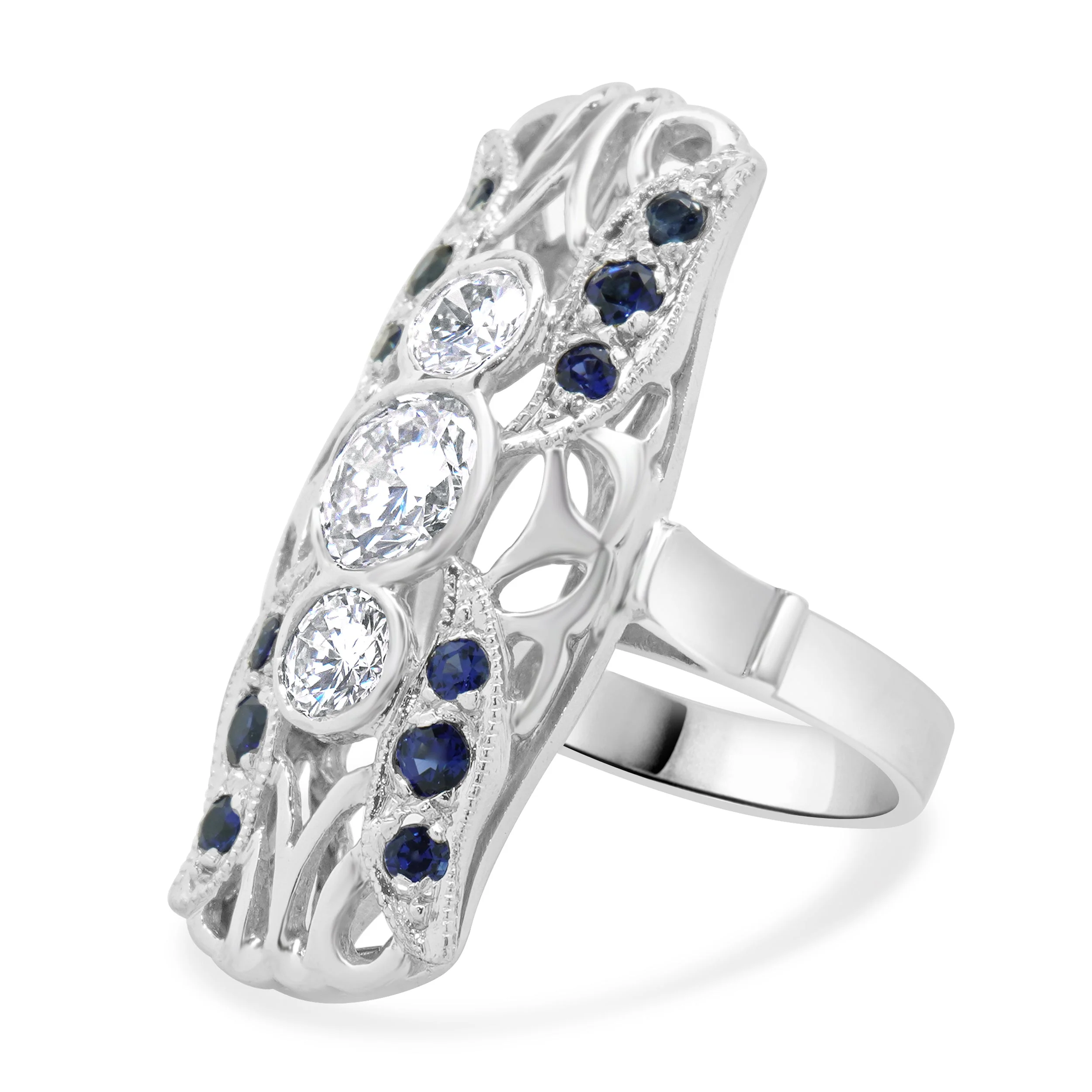 Platinum Diamond and Sapphire Full Finger Ring - Image 2