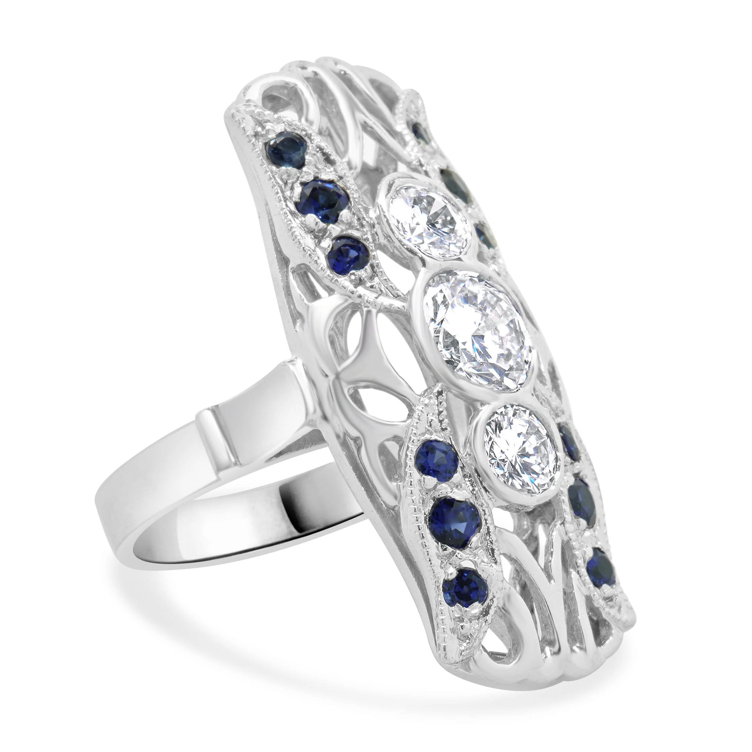 Platinum Diamond and Sapphire Full Finger Ring - Image 4