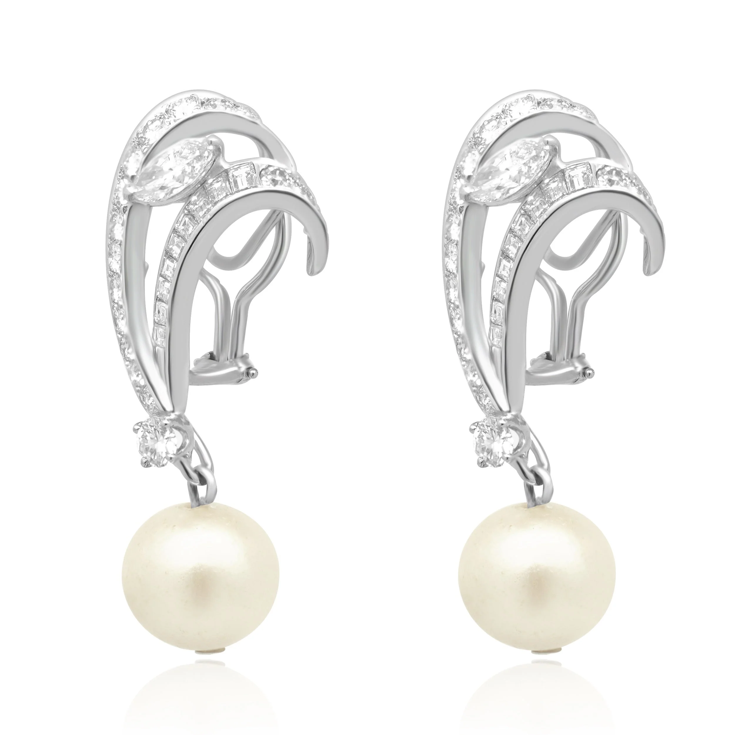 Platinum Diamond and Synthetic Pearl Ribbon Drop Earrings - Image 2