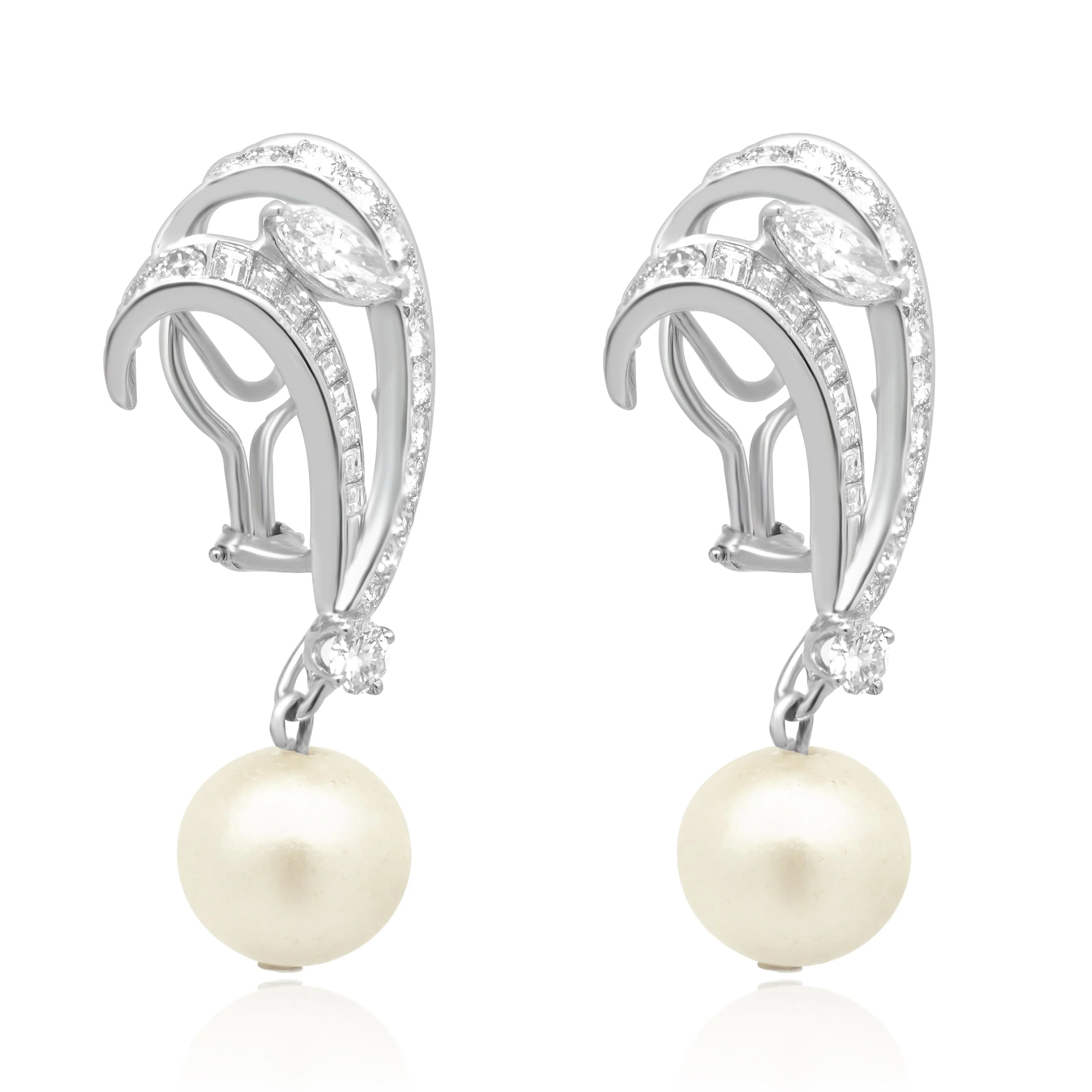 Platinum Diamond and Synthetic Pearl Ribbon Drop Earrings - Image 3