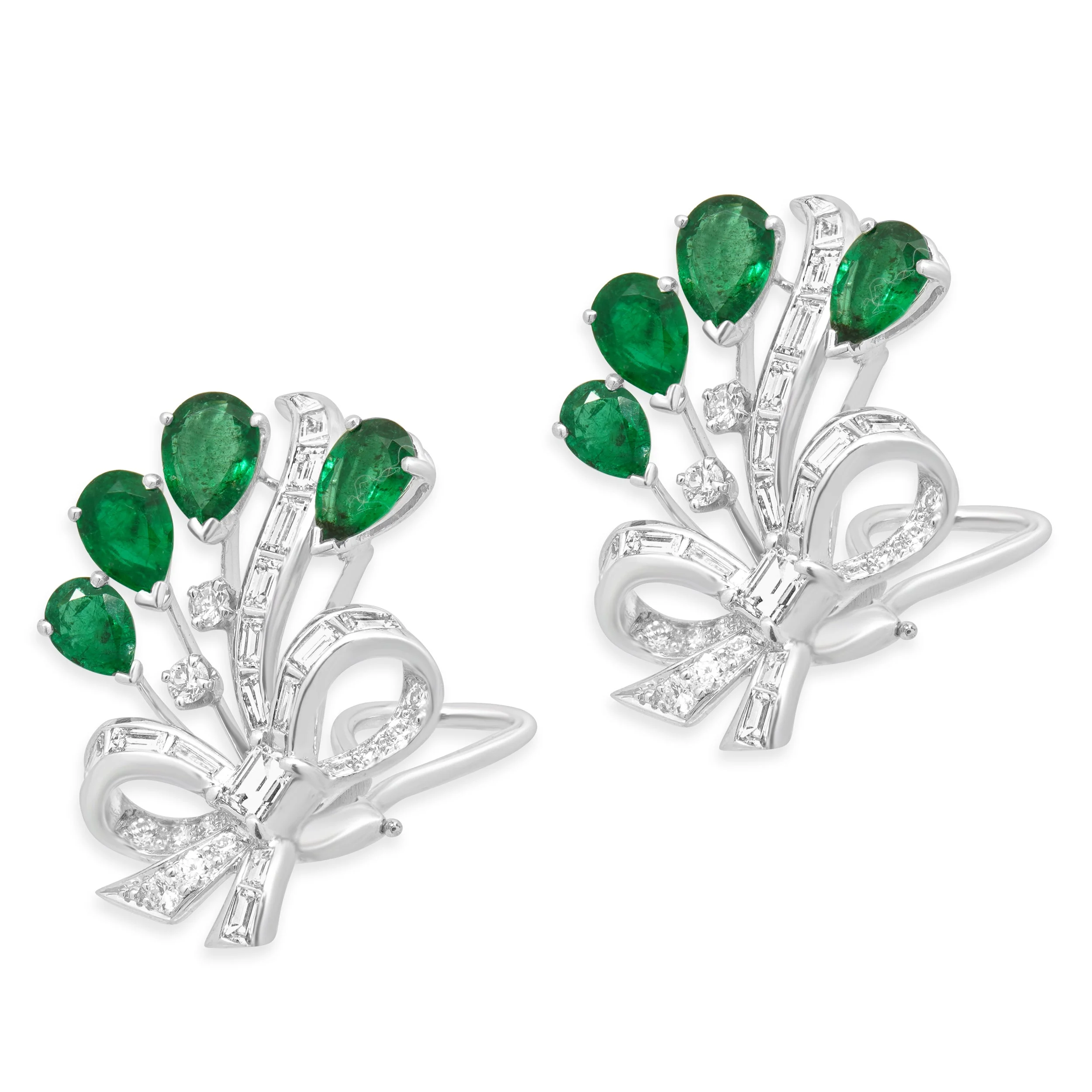 Platinum Emerald & Diamond Ribbon Earrings - Image 3