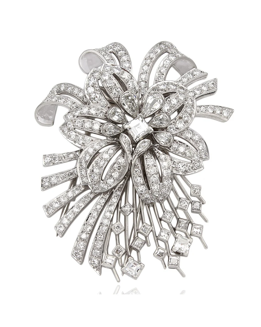 Platinum Flower and Fireworks Diamond Brooch Pin