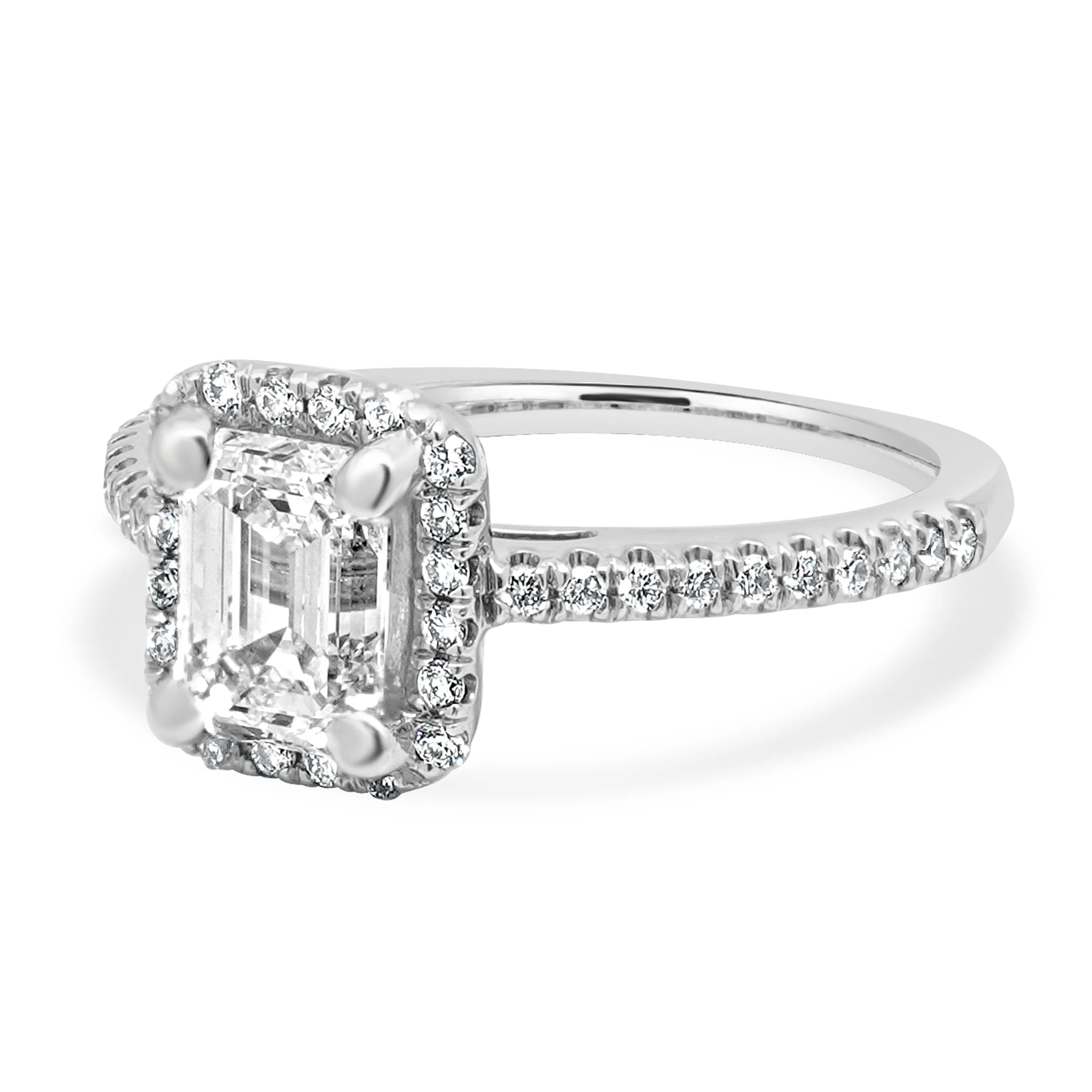 Platinum GIA Certified Emerald Cut and Round Diamond Halo Engagement Ring - Image 2