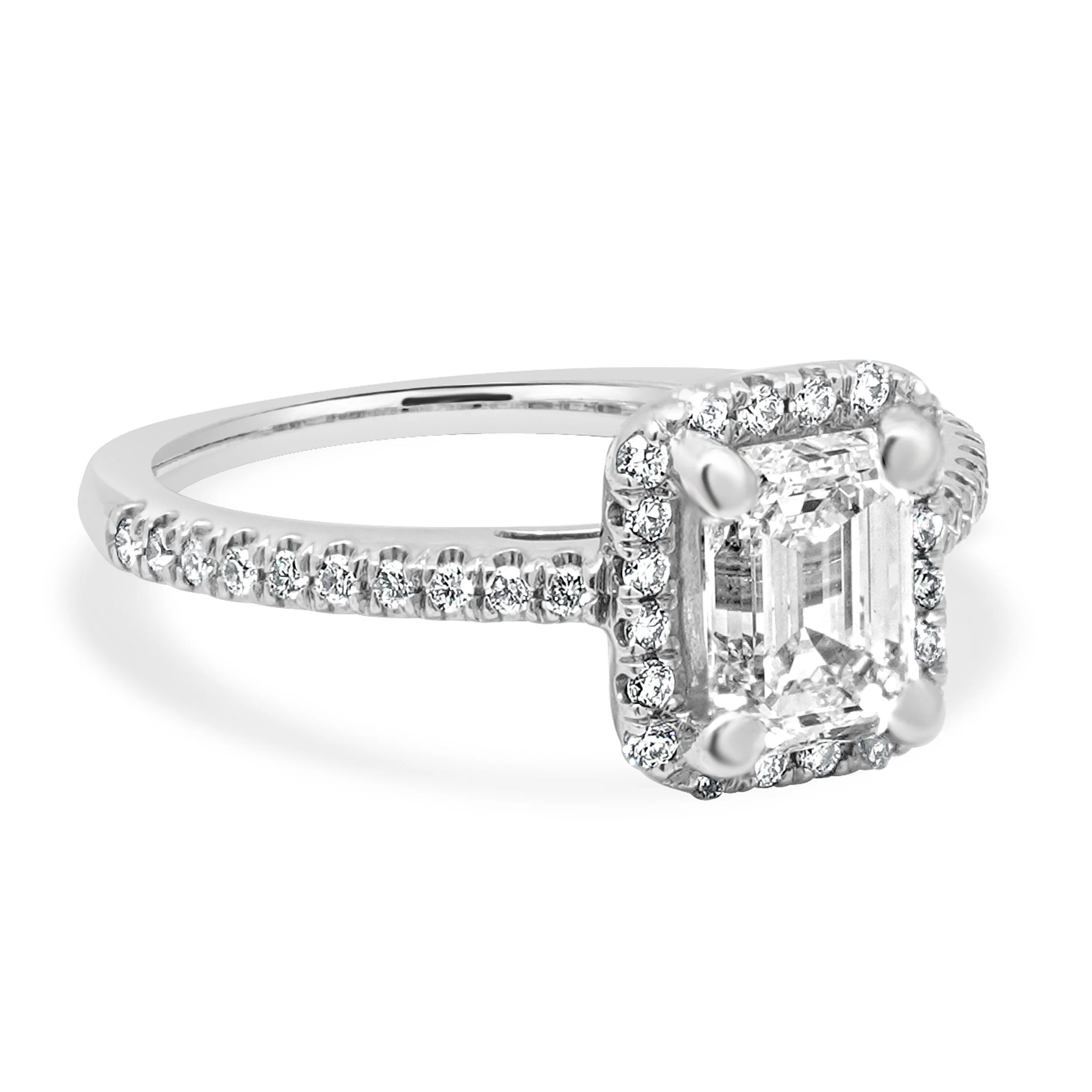 Platinum GIA Certified Emerald Cut and Round Diamond Halo Engagement Ring - Image 3